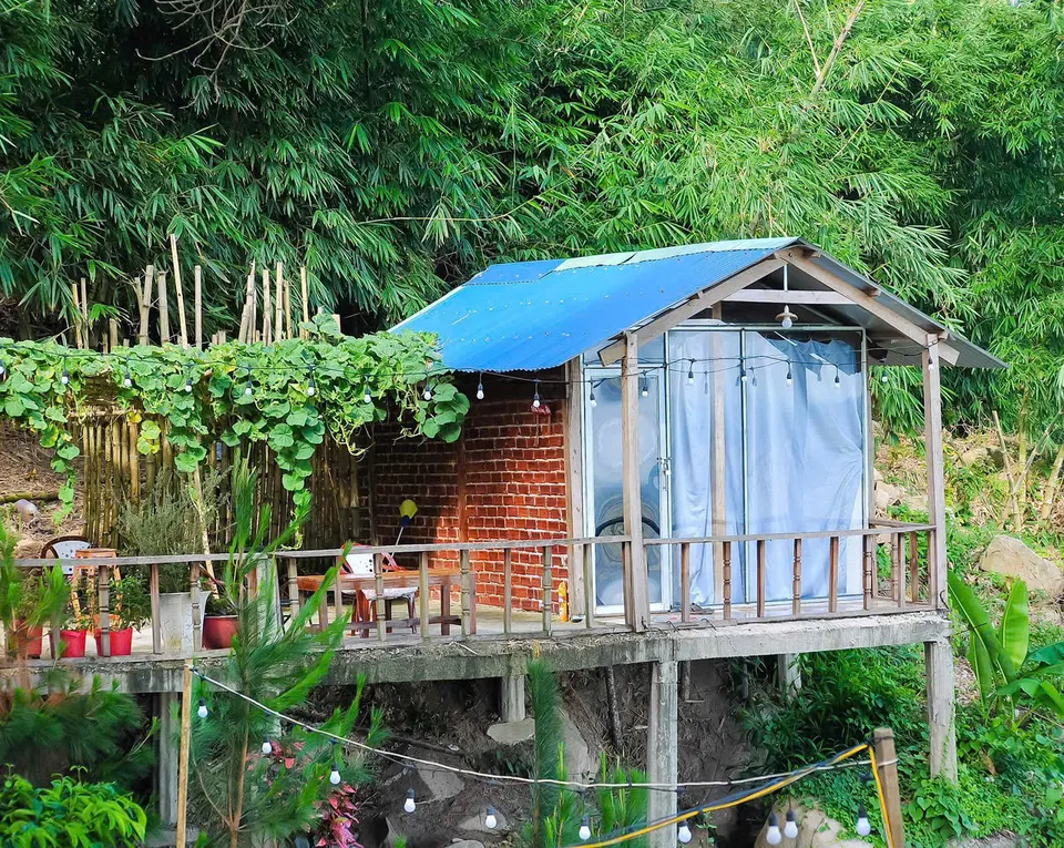 Nhà gỗ mái xanh giữa vườn